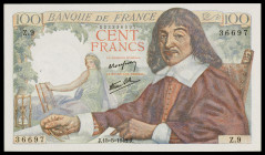 Francia. 1942. Banco de Francia. 100 francos. (Pick 101a). 15 de mayo, Descartes. Dos puntos de aguja y doblez central. MBC+.
