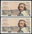 Francia. 1960. Banco de Francia. 10 francos nuevos. (Pick 142a). 2 de junio, Cardenal Richelieu. Pareja correlativa. Ondulaciones del papel. EBC.