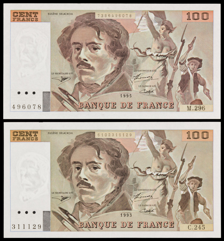 Francia. 1993 y 1995. Banco de Francia. 100 francos. (Pick 154g y 154h). Eugène ...