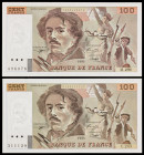 Francia. 1993 y 1995. Banco de Francia. 100 francos. (Pick 154g y 154h). Eugène Delacroix. Dobleces y pliegue central. MBC/MBC+.