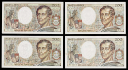 Francia. 1988 a 1990. Banco de Francia. 200 francos. (Pick 155c y 155d). Charles Baron de Montesquieu. Firmas: D. Ferman, B. Dentaud y A. Charriau. 4 ...