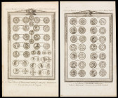 (ca. 1790). Lote de dos láminas de imágenes de monedas, correspondientes a la "New. Complete & Authentic History of England", de Edward Barnard, en la...