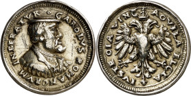 s/d (hacia 1537). Carlos I. Medalla. (Berhard 141 var). Grabador: N. Milicz. Provista de un listel. Rara. Plata fundida dorada. 5,47 g. Ø24 mm. MBC+.