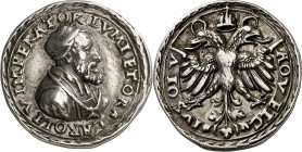 s/d (hacia 1550). Carlos I. Medalla. Grabador: J. de Milicz. Ex Colección Valentín de Céspedes. Rara. Plata fundida. 5,86 g. Ø23 mm. MBC+.