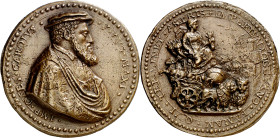 s/d (hacia 1550). Carlos I. Medalla. Grabador: L. Leoni. Golpecitos. Ex Colección Valentín de Céspedes. Rara. Bronce fundido. 55,62 g. Ø56 mm. MBC+....
