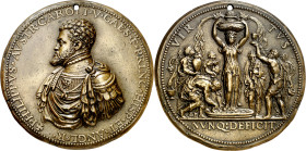 s/d (hacia 1555). Felipe II. Abdicación del emperador. Medalla. (Amorós 39 var) (Álvarez Ossorio p. 148, nº 160) (V.Q. 13585) (Van Mieris III p. 371)....