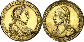 Francia. 1565. Carlos IX y Catalina de Médici. Medalla. Pequeño agujero de suspensión en canto. Rara. Bronce fundido dorado. 12,49 g. Ø36 mm. MBC+....