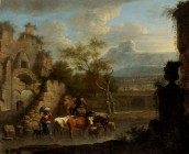 FRANZ DE PAULA  FERG
Wien 1689-1740 London

Hirtenpaar mit Viehherde vor südlicher Landschaft mit Ruinen

Öl auf Holz, 36 x 44 cm
