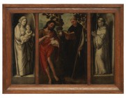 FLÄMISCHE SCHULE UM 1500

Triptychon

Zentrale Tafel mit Johannes dem Täufer und einem Heiligen in Ordensgewand, auf den Seitentafeln Darstellung von ...