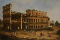*
ITALIENISCHER KÜNSTLER 18. JH.

Römische Ansicht mit Blick auf das Kolosseum mit Figurenstaffage

Öl auf Lwd., auf Karton aufgezogen, 34,5 x 51,5 cm...
