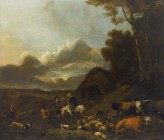 ALBERT JANSZ. KLOMP
Ca. 1618-1688 Amsterdam

Hirten mit Vieh vor einer Kate

Öl auf Lwd., doubliert, 105 x 123 cm

Gutachten:
Wir danken Frau Ellis Du...