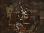 *
GASPARO LOPEZ DEI FIORI
Neapel 1650- 1732 Florenz

Grosses Blumen- und Früchtestillleben mit Singvogel und Pfau

Öl auf Lwd., 76,5 x 101 cm