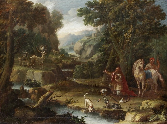 GIACOMO NANI
Porto Ercole 1698-1755 Neapel

Hubertus mit weissem Hirsch in Lands...