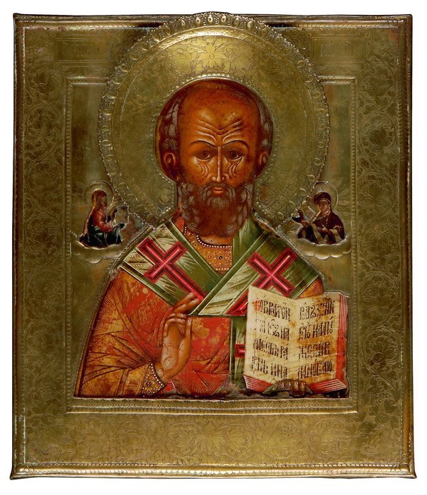 *
RUSSISCHER KÜNSTLER UM 1800

Hl. Nikolaus in Messingoklad

Der Heilige in Halb...