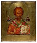 *
RUSSISCHER KÜNSTLER UM 1800

Hl. Nikolaus in Messingoklad

Der Heilige in Halbfigur, flankiert von Christus und der Gottesmutter, die in Medaillons ...