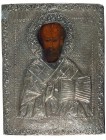 *
SÜDRUSSISCHE SCHULE 18. JH

Hl. Nikolaus in Silberoklad

Die Rückseite wurmstichig.
Tempera auf Holz und Silber, 31 x 24,5 cm