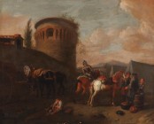 *
Nachfolger des PHILIPS WOUWERMAN
Haarlem 1619-1668 Haarlem

Berittene Soldaten vor Zelten in einer Landschaft mit Wehrturm

Öl auf Lwd., 65 x ...