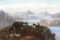 *
ALFRED HENRI BERTHOUD
Couvet 1848-1906 Avenches

Blick auf Thuner- und Brienzersee mit Jäger und Hund im Vordergrund

Unten rechts signiert "A. Bert...