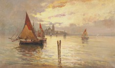 BARTOLOMEO BEZZI
Fucine 1851-1923 Cles

Fischerboote vor Venedig

Unten rechts signiert "B. Bezzi".
Öl auf Lwd., 48 x 80 cm

Provenienz:
Schweizer Pri...
