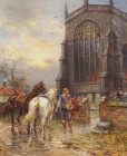 ERNEST CROFTS
Leeds 1847-1911 London

Pferde und Kavalier vor einer Kirche

Unten rechts signiert "E. Crofts" und datiert "1905".
Öl auf Lwd., 38 x 31...