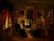 ENGLISCHER KÜNSTLER ANFANG 19. JH.

Teatime bei einem Kunstsammlerpaar mit Zofe

Öl auf Lwd., 61 x 82 cm