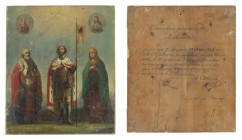 *
OSTEUROPÄISCHE SCHULE 19. JH.

Ikone mit drei Heiligen

Rückseitig beschriftet und die Jahresangabe 1859.
Tempera auf Holz, 31,5 x 26,5 cm