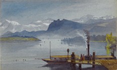 R. H. CATHBERT
Englischer Künstler, 1. Hälfte 19. Jh.

Dampfschiffanlegeplatz am Vierwaldstättersee

Entstanden wohl um 1840.
Aquarell, 14,3 x 23 cm, ...