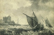 ENGLISCHER KÜNSTLER 19. JH.

Zwei Segelschiffe vor der Küste bei Sturm

Unten links signiert "Jul. Cotter".
Aquarell in Grautönen, auf Karton aufgezog...