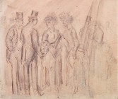 *
CONSTANTIN GUYS
Vlissingen 1805-1892 Paris

Drei Kurtisanen mit Herren im Gespräch

Feder über Bleistift, gewischt, 14 x 16 cm, unter Passepartout, ...
