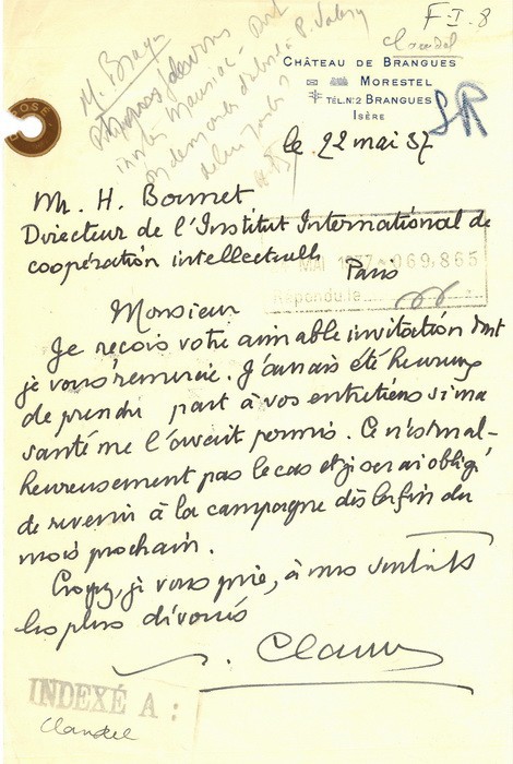 PAUL CLAUDEL
Villeneuve-sur-Fère 1868-1955 Paris

Eigenhändiges Schreiben mit Un...