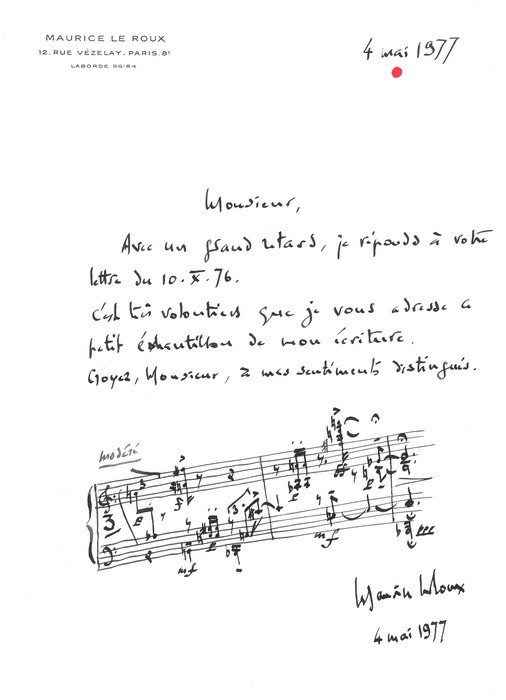 MAURICE LE ROUX
Paris 1923-1992 Avignon

Eigenhändiges Schreiben mit Unterschrif...