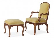 Fauteuil und Hocker, Louis XV.-Stil, 19. Jh.

Nussbaum. Geschwungenes Gestell. Gepolsterte Sitzfläche und Lehne. Dabei Hocker. Fauteuil H = 100 cm, Ho...