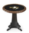 *
Pietra Dura - Beistelltisch, Italien, 19. Jh.

Holz und Halbedelsteine. Ovale Platte mit polychromer Roseneinlegearbeit. Umrandung mit Lorbeerblatts...