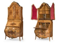 Trumeau "a Quadrifoglio", Louis XV, Genua,  18./19. Jh.

Verschiedene Fruchthölzer und Würfelparketterie. Gebauchter Kommodenteil mit fünf Schubladen,...