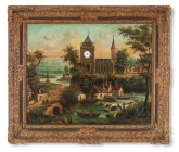 Bilderuhr, Biedermeier, Frankreich, 19. Jh.

Öl auf Leinwand. Fantasielandschaft mit Figuren und Häusern. Im Hintergrund Kirche. Uhrwerk mit Schlag au...