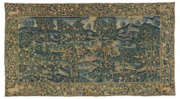 Verdüre, Flämisch, 18. Jh.

Wolle. Weite Parklandschaft mit Bäumen und grossblättrigem Pflanzenwerk und vereinzelt Jagdwild. Unterlegt und stark aus...