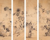 Serie von 4 Hängerollen, China 19. Jh.  (MID 179470/1/2, 180035)

a) Hängerolle mit blühenden Bäumen und herabfliegendem Vogel. Am linken Bildrand S...