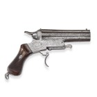 Perkussions-Bündelrevolver, deutsch, um 1860

Z 2
L 23,5 cm

Kipp-Rundläufe (L 13,7 cm), Kal. 9 mm, 6-schüssige Trommel, Single Action. Die Läufe sind...