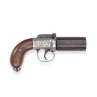 Perkussions-Bündelrevolver, englisch, um 1860

Z 2
L 19 cm

Rundläufe (L 7,3 cm), Kal. 8,5 mm. Kanneliert, brünierte, sechschüssige Trommel mit Abnahm...