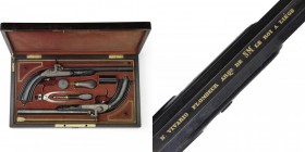 Perkussions-Pistolenpaar, belgisch, um 1865

Z 1-2
L 41 cm

Scheibenpistolen. Oktogonalläufe (L 26,5 cm), Kal. 12,3 mm, gezogen, originale Bläuung, Ob...