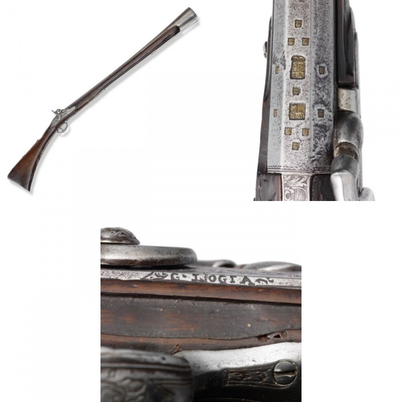 Perkussions-Tromblon, spanisch, um 1760/1840

Z 2
L 107 cm

Rundlauf (L 72 cm), ...