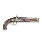 Perkussionspistole, französisch, um 1800/40

Z 2
L 33 cm

Rundlauf (L 19,3 cm), Kal. 17 mm, Kammerdrittel oktogonal. Laufangel mit berieben gravierter...
