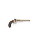 Perkussionspistole, französisch, um 1850

Z 2
L 32 cm

Damast-Oktogonallauf (L 19,4 cm), Kal. 16,2 mm, Oberseite sig. "LEPAGE MOUTIER A PARIS", Visier...