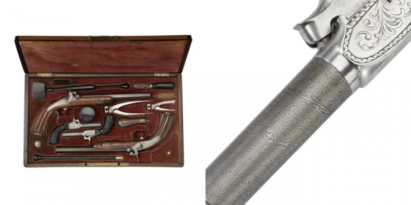 Perkussionsscheiben- und Perkussionstaschenpistolenpaar, französisch, um 1840

Z...