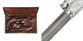 Perkussionsscheiben- und Perkussionstaschenpistolenpaar, französisch, um 1840

Z 1-2
L 37,5 cm und 16,5 cm

Perkussionspistolenpaar, Oktogonalläufe, K...