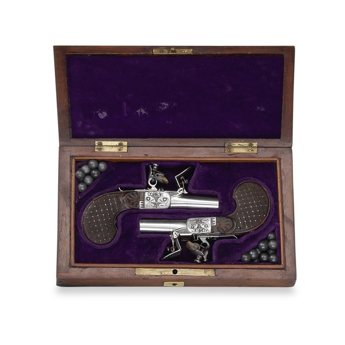 Steinschloss-Taschenpistolenpaar, belgisch, um 1790, im Kasten

Z 1-2
L 11,2 cm
...