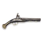 Steinschlosspistole, deutsch/niederländisch, um 1720

Z 2
L 37 cm

Rundlauf (L 21 cm), Kal. 14 mm, korr, mit erhaben beriebenem floralen und Leistende...