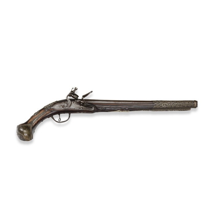 Steinschlosspistole, osmanisch, um 1800

Z 2
L 52 cm

Rundlauf (L 35,3 cm), Kal....