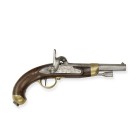 Perkussionspistole, französisch, M 1822/57 Tbis

Z 2
L 35 cm

Rundlauf (L 20 cm), Kal. 18 mm, Waffennr. 1548, berieben markiert "(Cal.) 17,6 A", dahin...