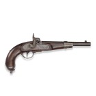 Perkussionspistole, österreichisch, M 1862

Z 2
L 41,5 cm

Kavallerie. Angelaufener Rundlauf (L 26,4 cm), Kal. 13,9 mm, Visier und Korn. Schlossplatte...